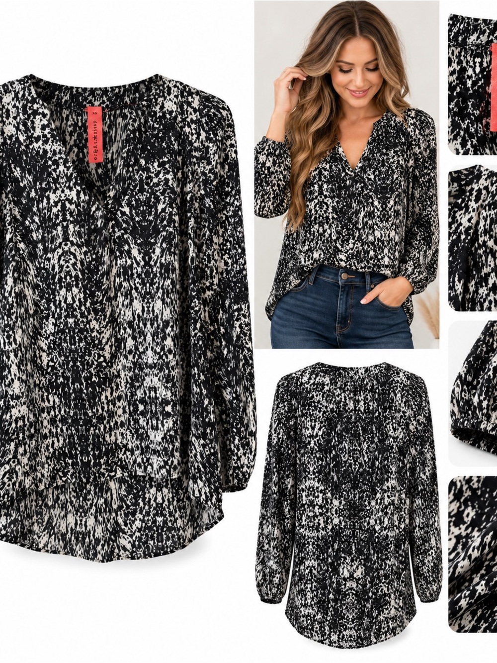Eight Sixty Black and White Printed V-Neck Blouse